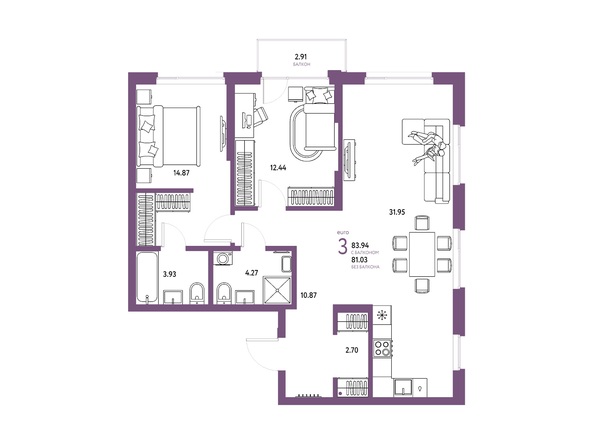 Планировка 3-комн 81,03, 83,94 м²