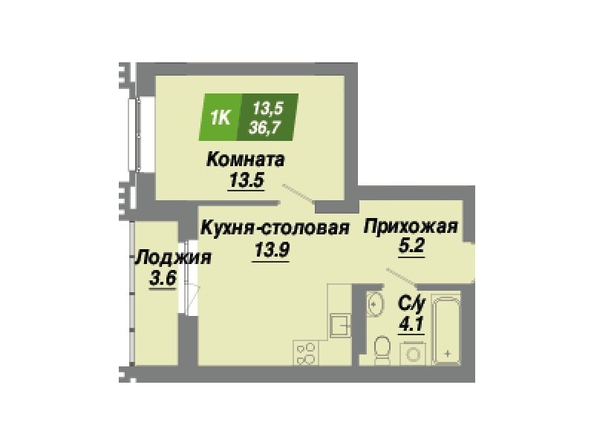 Планировка 1-комн 36,7 м²