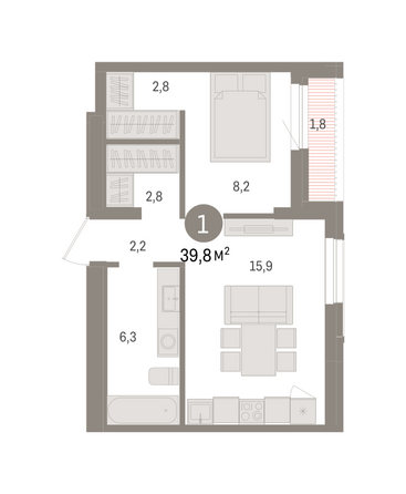 Планировка 1-комн 39,8, 39,82 м²