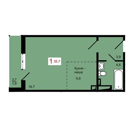 Планировка 1-комн 35,7 м²