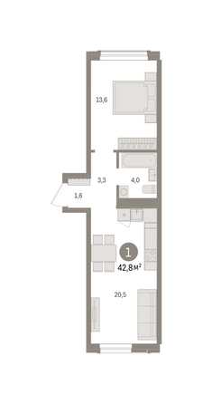 Планировка 1-комн 42,82, 42,85 м²