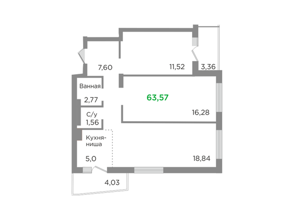 Планировка трехкомнатной квартиры 63,57 кв.м