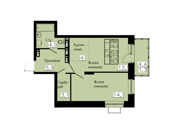 Планировка 2-комн 47,2 м²