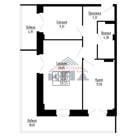 Планировка 2-комн 60 м²