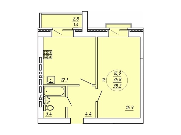 1-комнатная 38,2 кв.м
