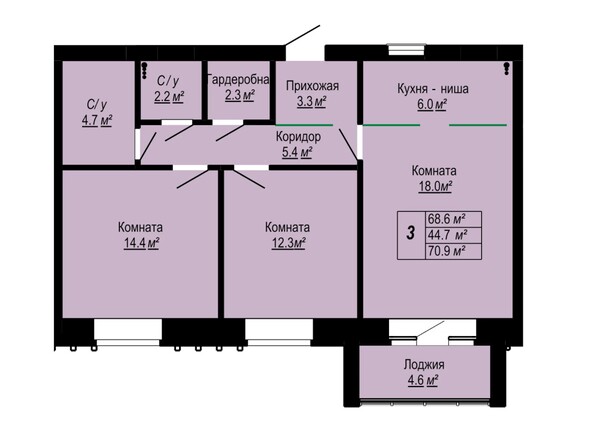 Планировка 3-комн 70,9 м²