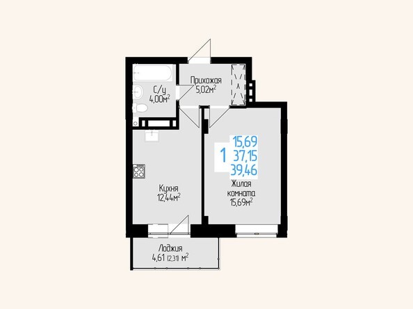 Планировка однокомнатной квартиры 37,15 кв.м