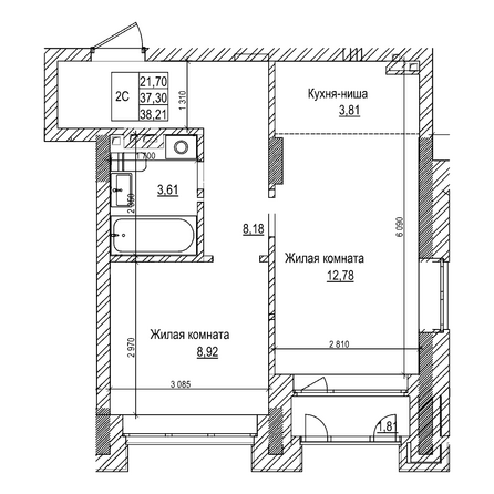 Планировка 2-комн 37,3 м²