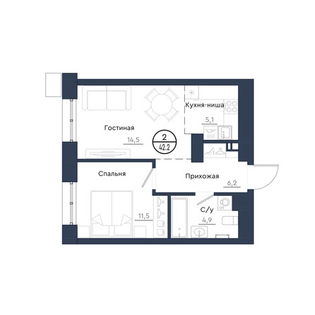 Планировка 2-комн 42,2 м²