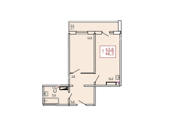 Планировка однокомнатной квартиры 46,3 кв.м. Этажи 10-16