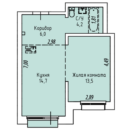 Планировка 1-комн 37,5 - 39,4 м²