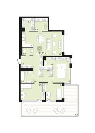 Планировка 3-комн 158,05 м²