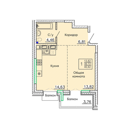 Планировка 1-комн 40,82, 41,19 м²