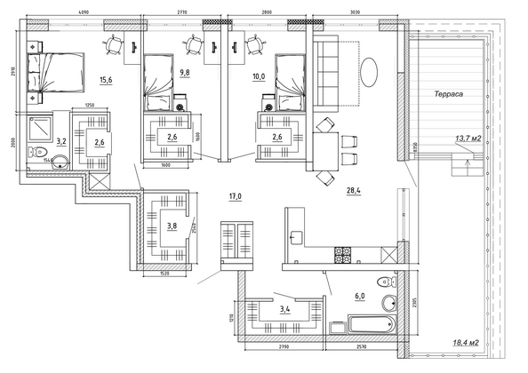 Планировка 3-комн 140,8 м²