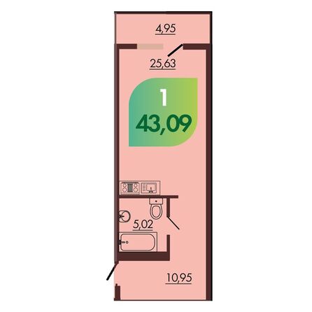 Планировка 1-комн 43,09 м²