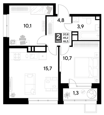 Планировка 2-комн 46,5 м²