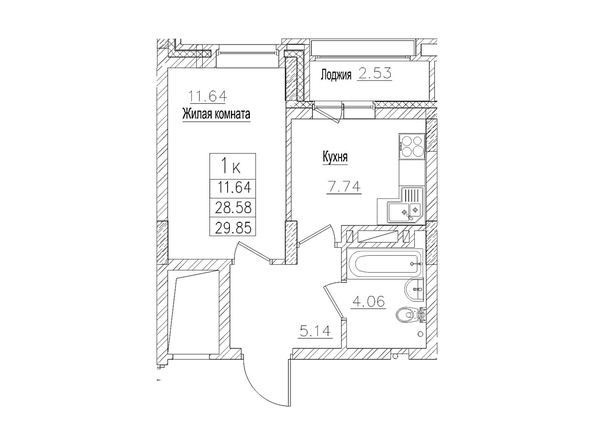 Планировка 1-комн 28,5, 29,85 м²