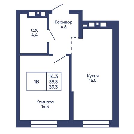 Планировка 1-комн 39,3 - 39,4 м²