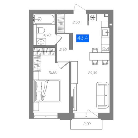 Планировка 1-комн 43,4 м²