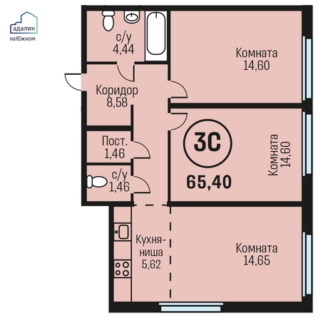 Планировка 3-комн 65,4 м²