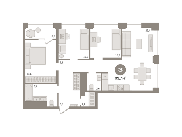 Планировка 3-комн 93,67 м²