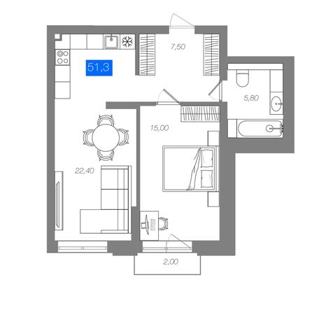 Планировка 1-комн 51,3 м²
