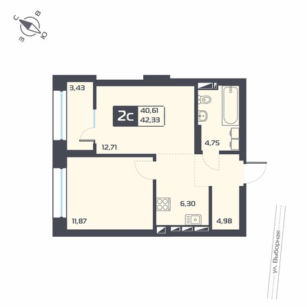 Планировка 2-комн 42,33 м²