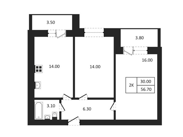 Планировка 2-комн 56,7 м²