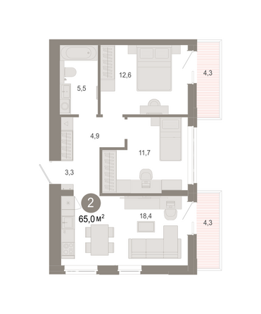 Планировка 2-комн 64,97 м²