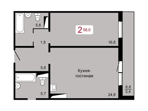 2-комнатная 58 кв.м