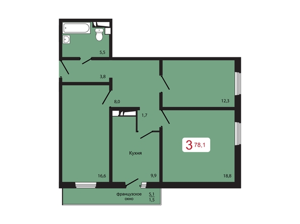 Планировка 3-комн 78,1 м²