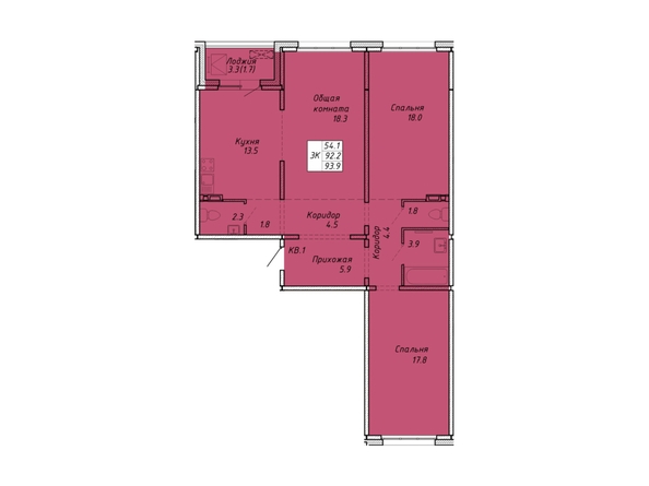 Планировка 3-комн 93,7, 93,9 м²