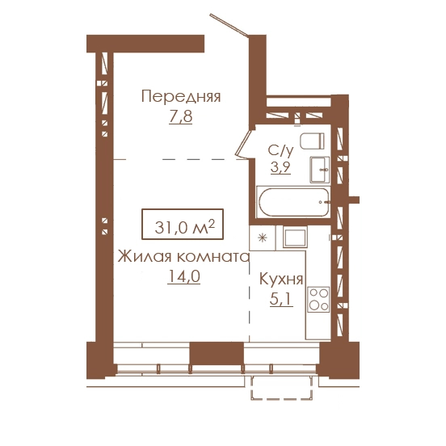 Планировка 1-комн 31 м²