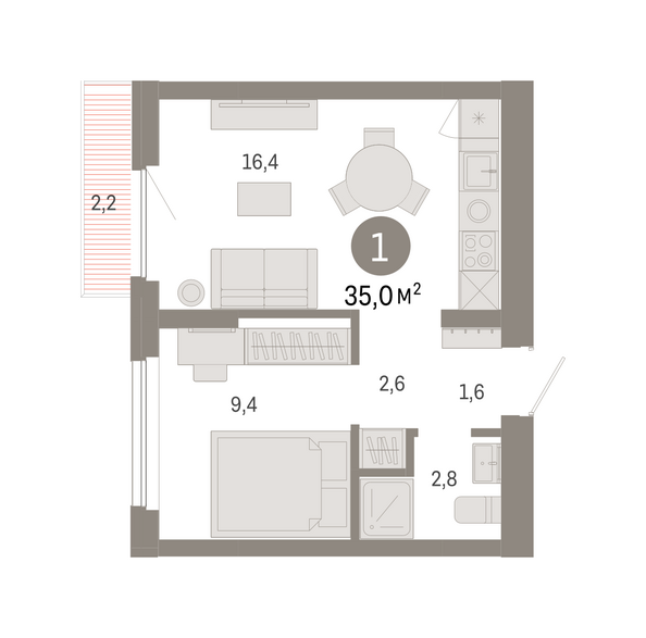 Планировка 1-комн 34,95 м²