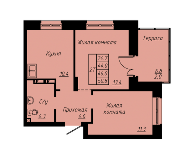 Планировка 2-комн 46 м²