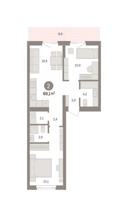 Планировка 2-комн 69,12 м²