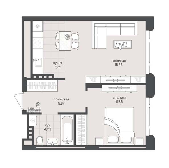 Планировка 1-комн 42,55 м²