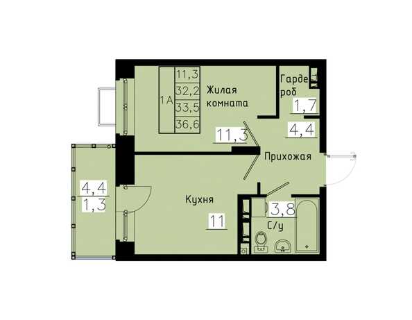 Планировка 1-комн 33,5 м²
