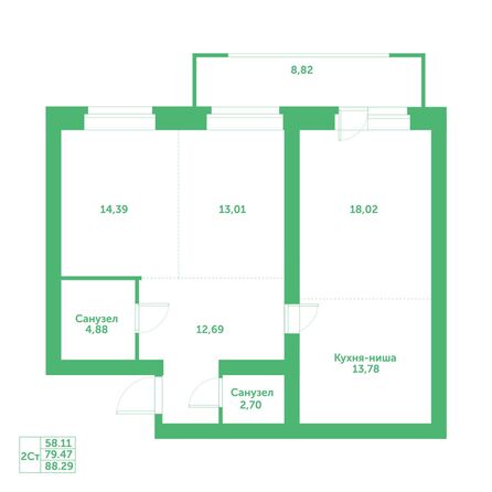 Планировка 2-комн 88,29 м²