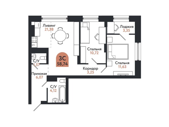 Планировка 3-комн 58,37 - 59,31 м²