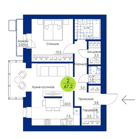 Планировка 2-комн 67,2 м²