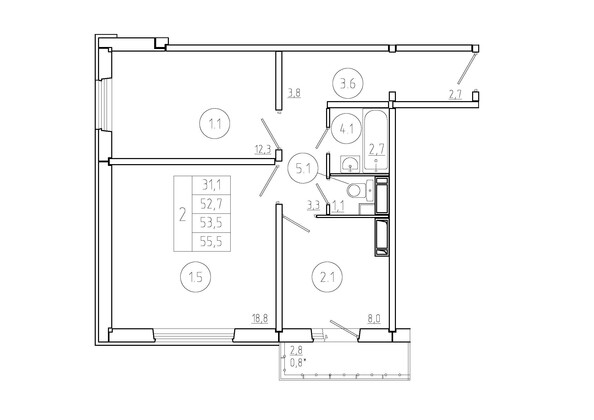 Планировка 2-комн 53,5 м²