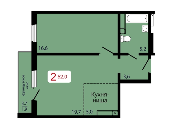 Планировка 2-комн 52 м²
