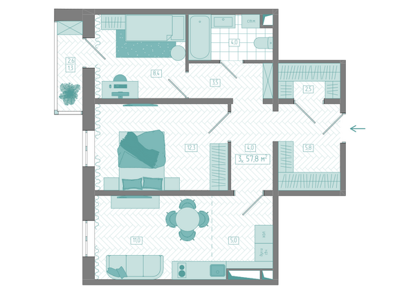 Планировка 3-комн 57,8 м²