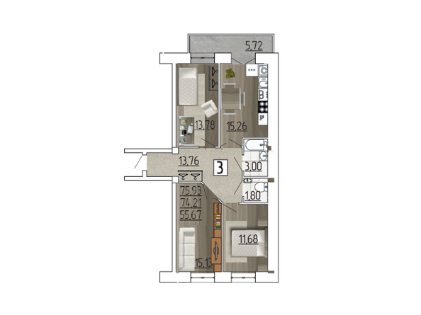 Планировка трехкомнатной квартиры 75,93 кв.м