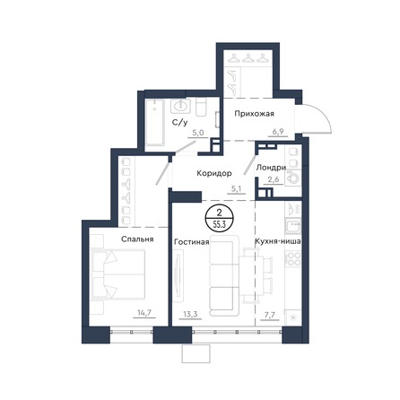 Планировка 2-комн 55,3 м²
