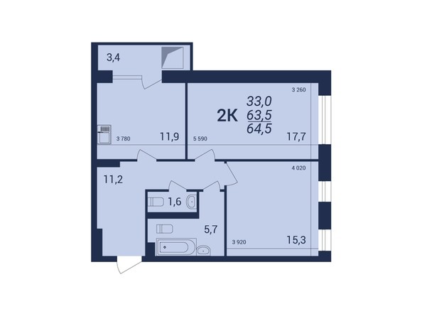 Планировка 2-комнатной квартиры 64,5 кв.м