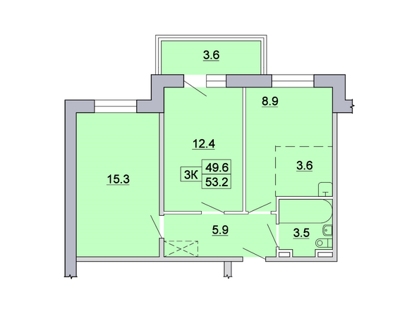 3-комнатная 53,2; 53,1; 53,4 кв.м