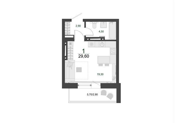 Планировка 1-комн 29,5 - 30,4 м²