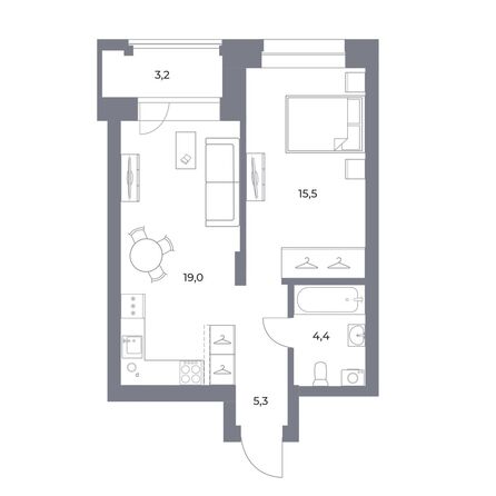 Планировка 1-комн 47,4 - 47,8 м²